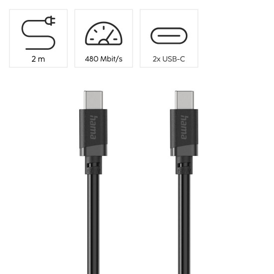 Hama Charging Cable, USB-C - USB-C, 60 W, 2 m, black