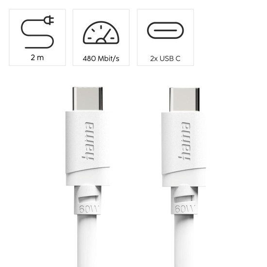 Hama Charging Cable, USB-C - USB-C, 60 W, 2 m, white