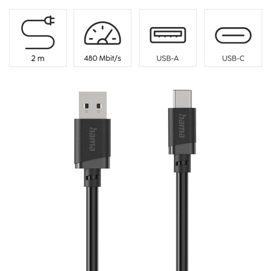Hama Charging Cable, USB-A - USB-C, 2 m, black