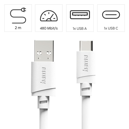 Hama Charging Cable, USB-A - USB-C, 2 m, white