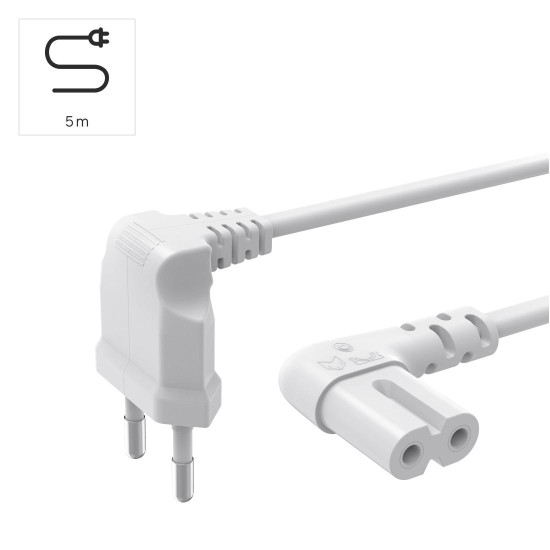 Hama Power Cable, Angled Both Sides, Euro Plug, AC Connector C7, 5 m, white