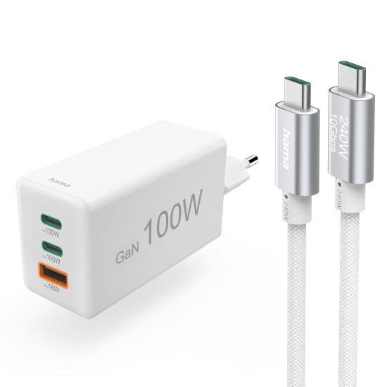 Hama Fast Charger with USB-C Charging Cable, for Laptop, PD, 100 W, 1.5 m, white