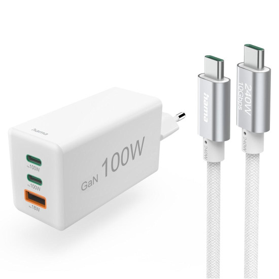 Hama Fast Charger with USB-C Charging Cable, for Laptop, PD, 100 W, 1.5 m, white