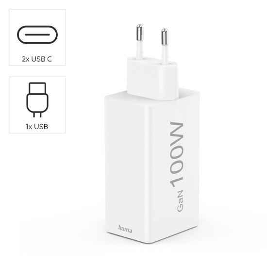 Hama Fast Charger with USB-C Charging Cable, for Laptop, PD, 100 W, 1.5 m, white