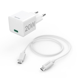Hama Fast Charger with USB-C Charging Cable, Mini Charger, PD, 20W, 1 m, white