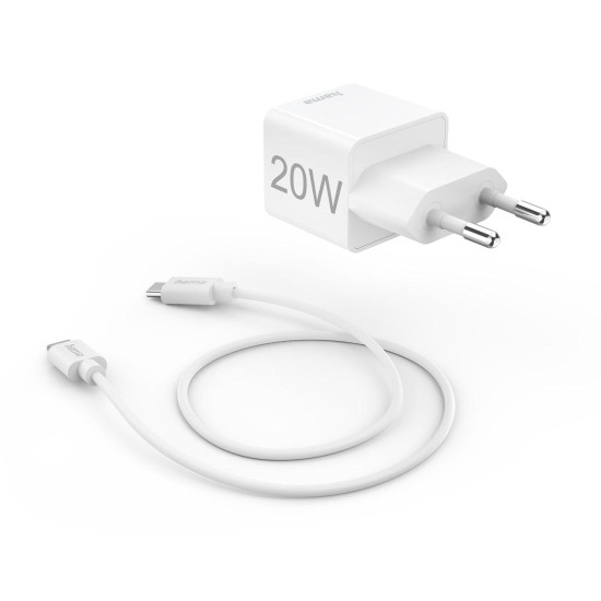 Hama Fast Charger with USB-C Charging Cable, Mini Charger, PD, 20W, 1 m, white