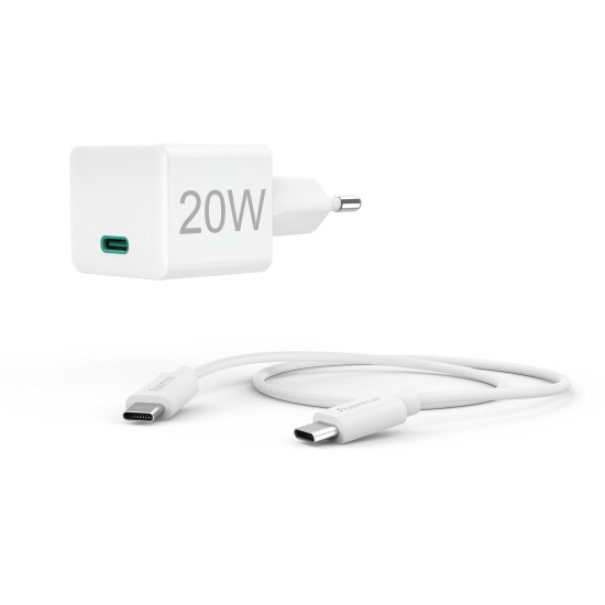 Hama Fast Charger with USB-C Charging Cable, Mini Charger, PD, 20W, 1 m, white