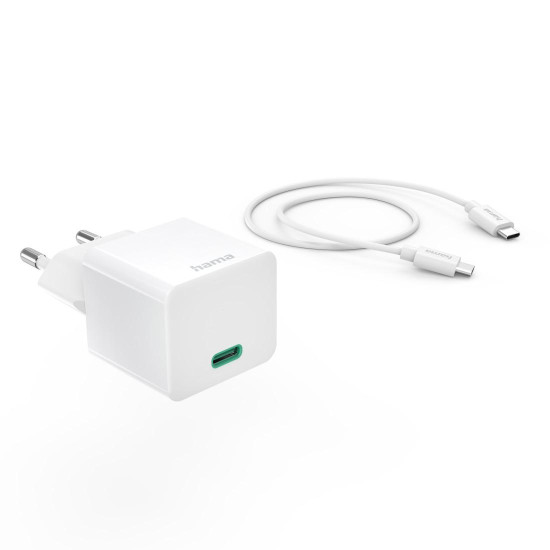 Hama Fast Charger with USB-C Charging Cable, Mini Charger, PD, 20W, 1 m, white