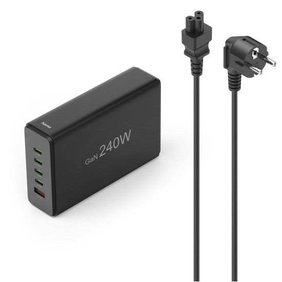 Hama 5 Port USB Charging Station, GaN, Fast Charger, 4xUSB-C, 1xUSB-A, PD, 240 W