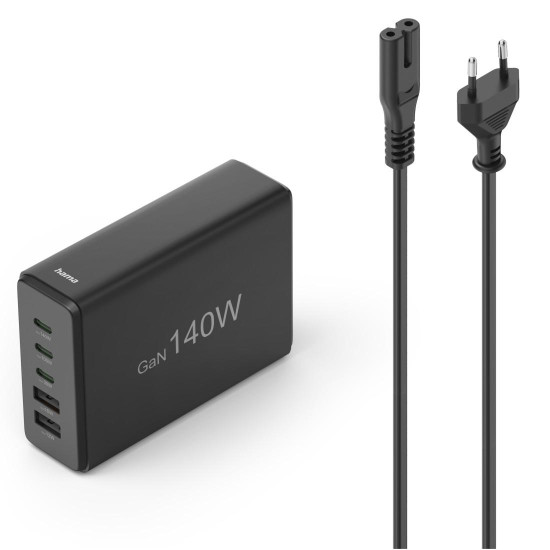 Hama 5-Port USB Charging Station, GaN, Fast Charger, 3xUSB-C, 2xUSB-A, PD, 140 W