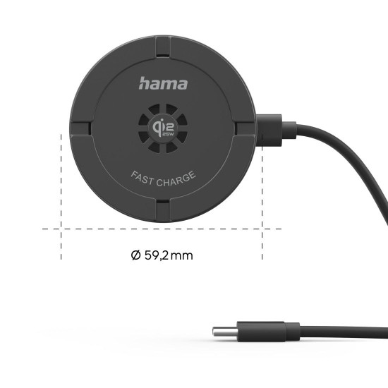 Hama Wireless Qi2 25W Charger, Inductive Charging Pad, Fast Charging, 25 W, blac