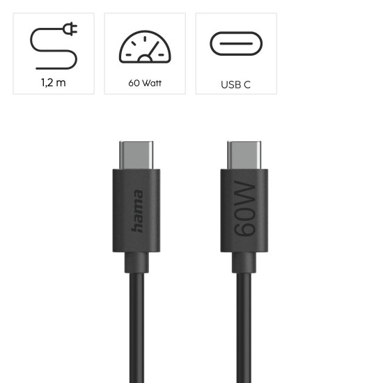 Hama Charging Cable, USB-C - USB-C, 60 W, 1.2 m, black
