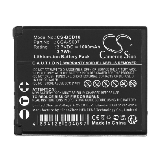 Camera Battery for Panasonic CGA S007 LiIon 3.7V 1000mAh  Cameron Sino