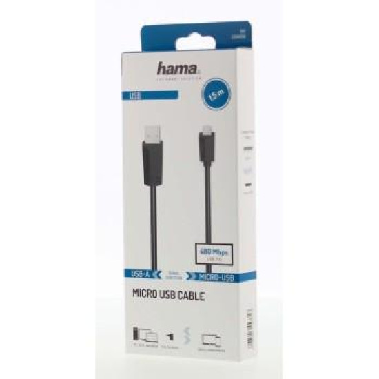 Hama Micro-USB Cable, USB 2.0, 480 Mbit/s, 1.50 m