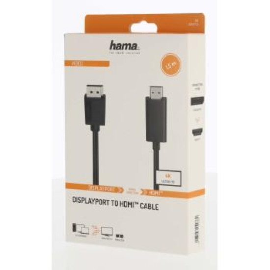 Cable HAMA DisplayPort мъжко - HDMI мъжко, 1.5 m, Ultra HD, 3 Stars