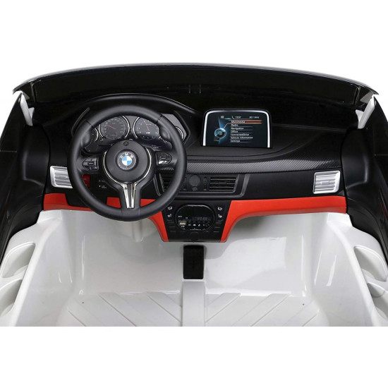 Акумулаторен двуместен джип BMW X6M 12V с дистанционно управление меки гуми и кожена седалка 2024 Акумулаторен двуместен джип BMW X6M 12V с дистанционно управление меки гуми и кожена седалка 2024