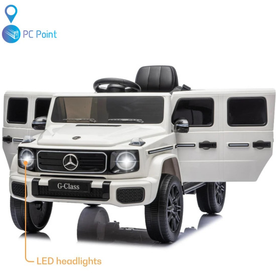 Лицензиран Акумулаторен джип Mercedes G 580 AMG Premium 12V/7Ah,70W ,MP3 плейър, Кожена седалка, EVA меки гуми, Металик боя 2026 г.