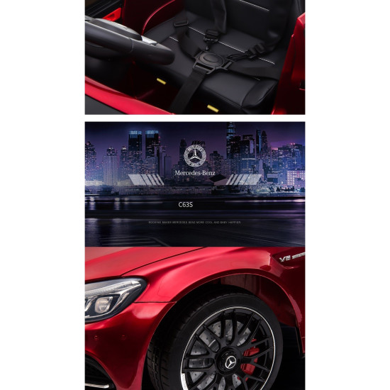 Акумулаторна кола Mercedes Benz C63 AMG 12V с меки гуми, отварящи се врати и кожена седалка Акумулаторна кола Mercedes Benz C63 AMG 12V с меки гуми, отварящи се врати и кожена седалка