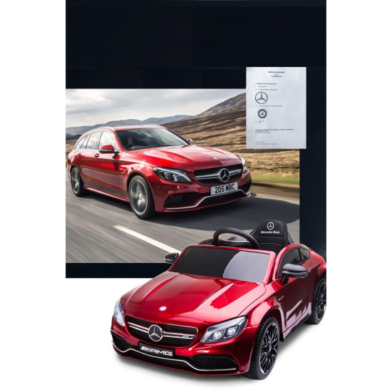 Акумулаторна кола Mercedes Benz C63 AMG 12V с меки гуми, отварящи се врати и кожена седалка Акумулаторна кола Mercedes Benz C63 AMG 12V с меки гуми, отварящи се врати и кожена седалка