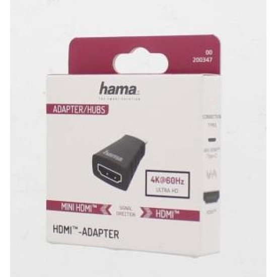 Адаптер HAMA 200347, Mini-HDMI мъжко - HDMI женско, Ultra-HD, 4K, Черен