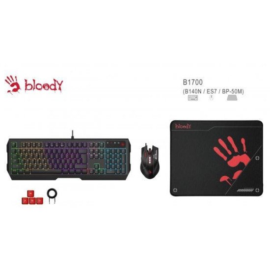 Геймърски комплект Esports A4Tech Bloody B1700, Клавиатура N140N, мишка ES7, Пад BP-50M Геймърски комплект Esports A4Tech Bloody B1700, Клавиатура N140N, мишка ES7, Пад BP-50M